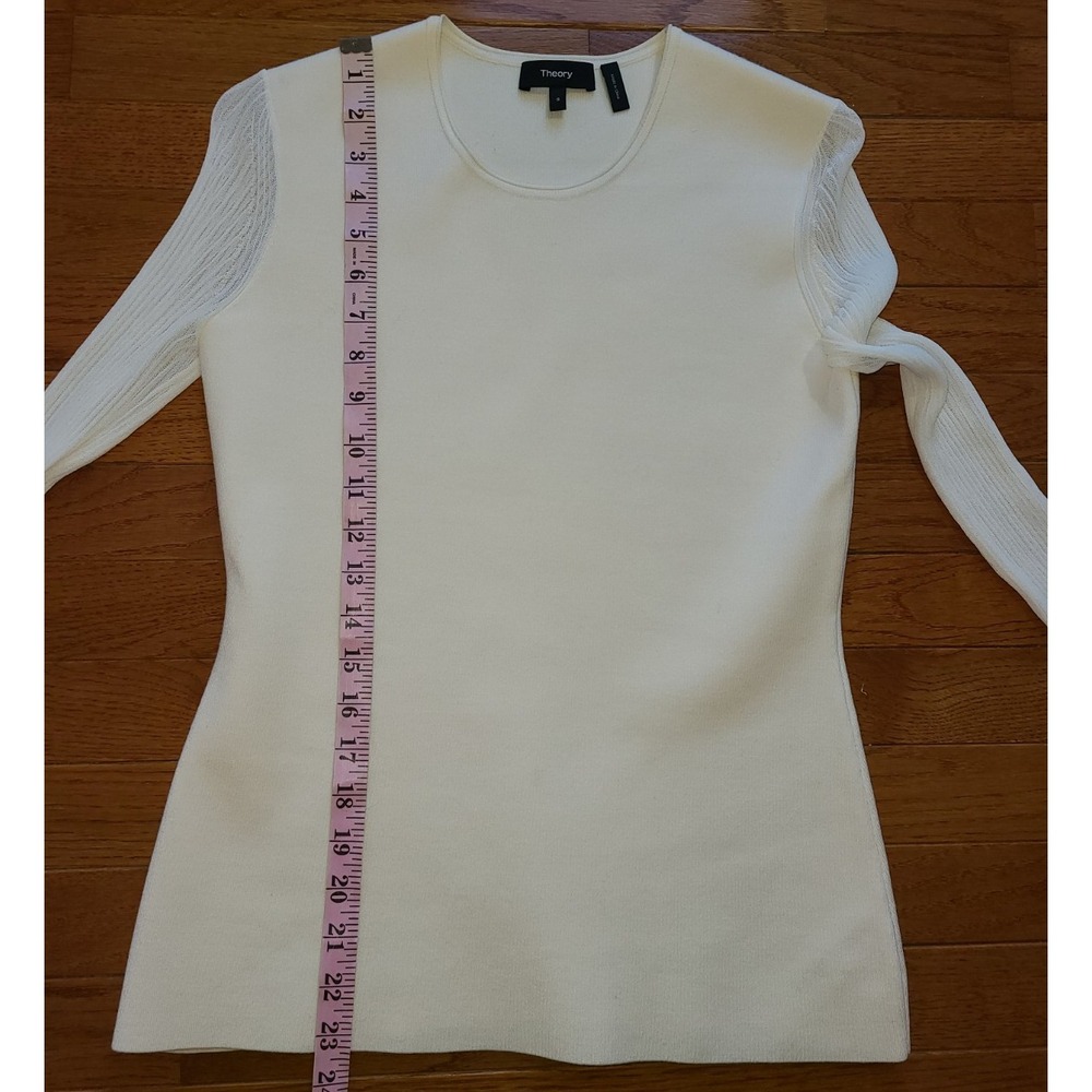 Theory Tunic Sweater Cream Long Shear Ruffle Cuff Sleeve Knit Pullover Size S - Picture 5 of 9